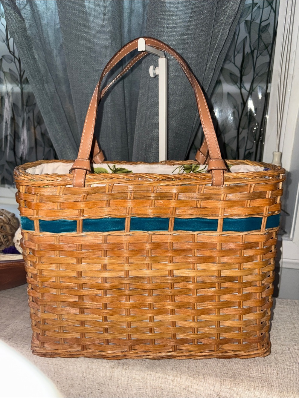 Kate Spade vintage Woven Tote Bag with Teal Accent and Tan Leather Handles - Picture 2 of 12